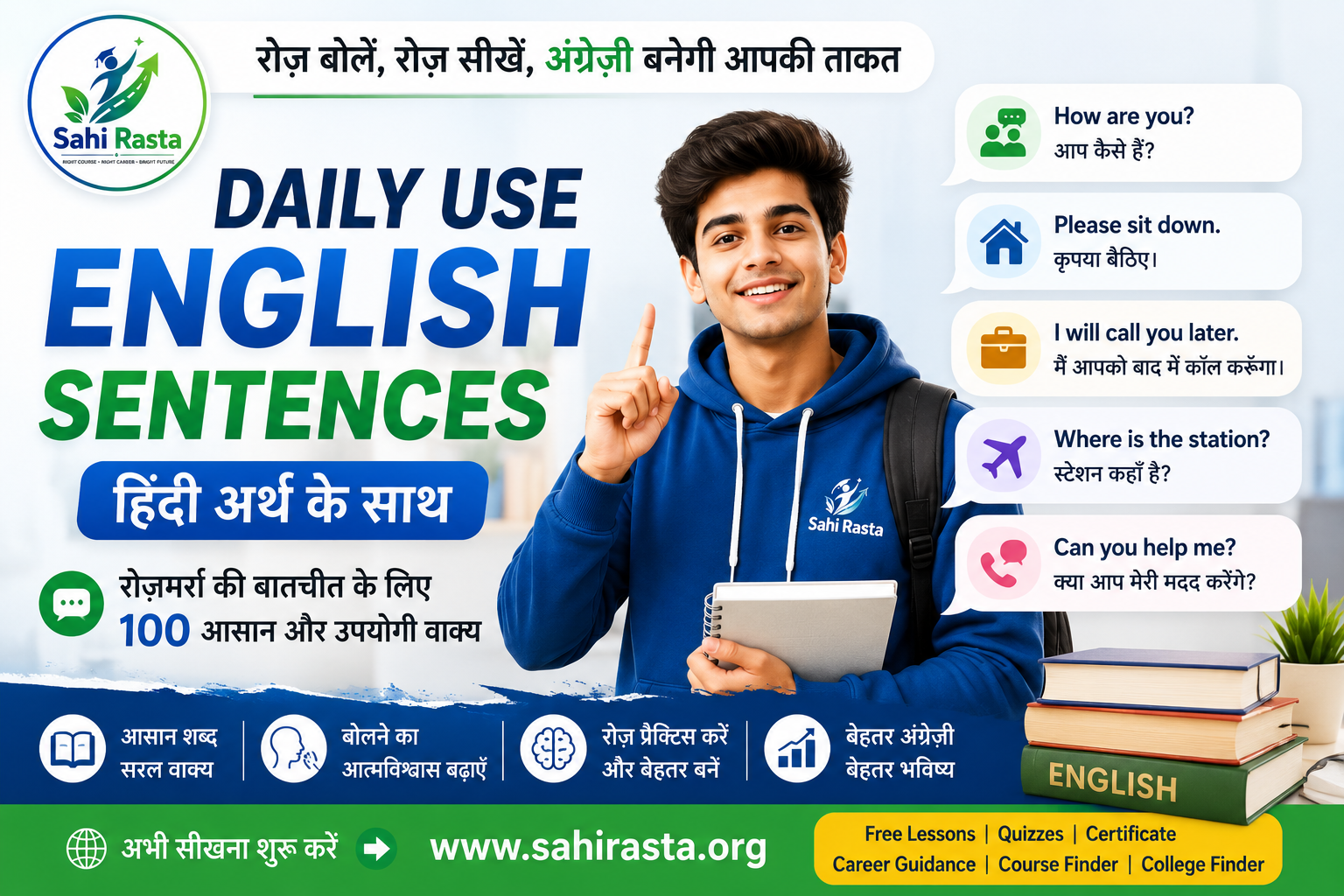 Daily Use English Sentences with Hindi Meaning | रोज़ बोले जाने वाले 100 आसान अंग्रेज़ी वाक्य